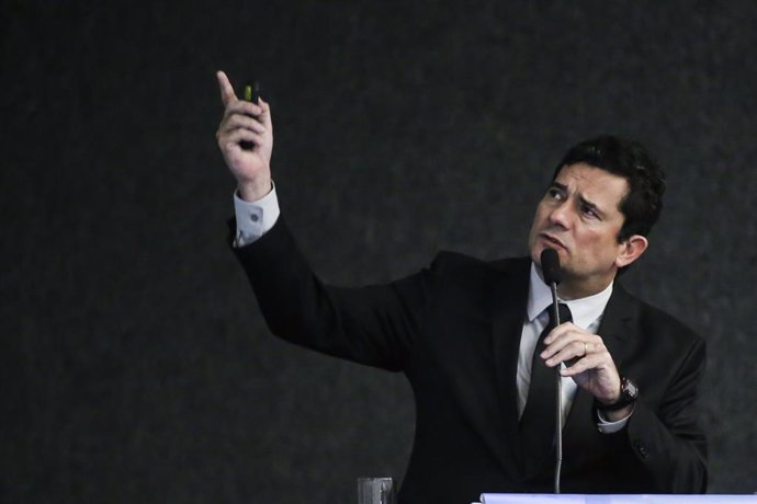 08 May 2019, Brazil, Brasilia: Brazilian Minister of Justice and Public Security, Sergio Moro, speaks during the opening of the 5th International Congress on Fundamental Civil Liberties. Moro, who carried out a corruption case against former president L