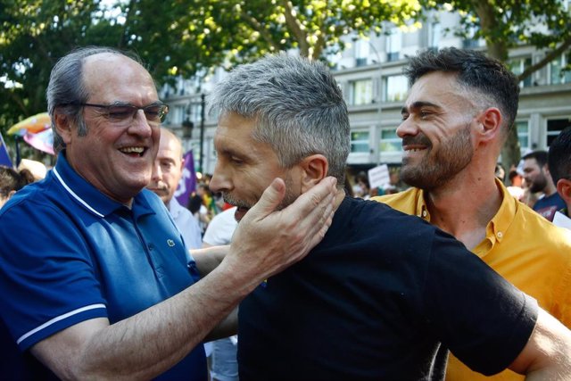 Fernando Grande-Marlaska, Ángel Gabilondo y Felipe Sicilia en la manifestación estatal del Orgullo LGTBI en Madrid, desde Atocha hasta Colón