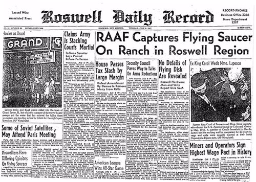 Portada del Roswell Daily Record del 8 de julio de 1947