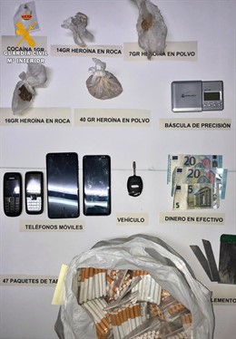 Materiales incautados en una actuación por tráfico de drogas en Fregenal de la Sierra