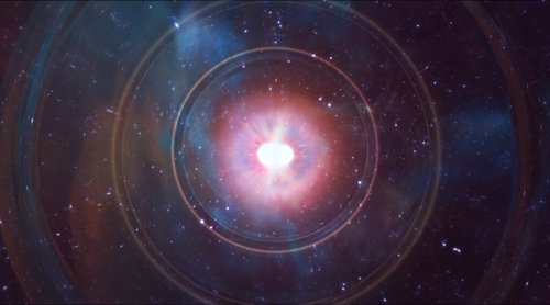 Impresión artística de ondas gravitacionales emitidas por fusión de estrellas de neutrones