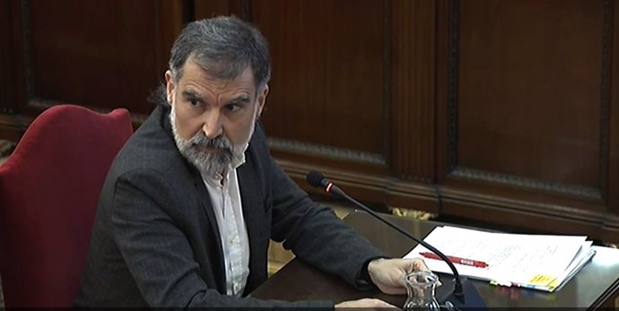 El presidente de mnium Cultural, Jordi  Cuixart, durante su interrogatorio, en la séptima jornada del juicio del Porcés en el Tribunal Supremo.  