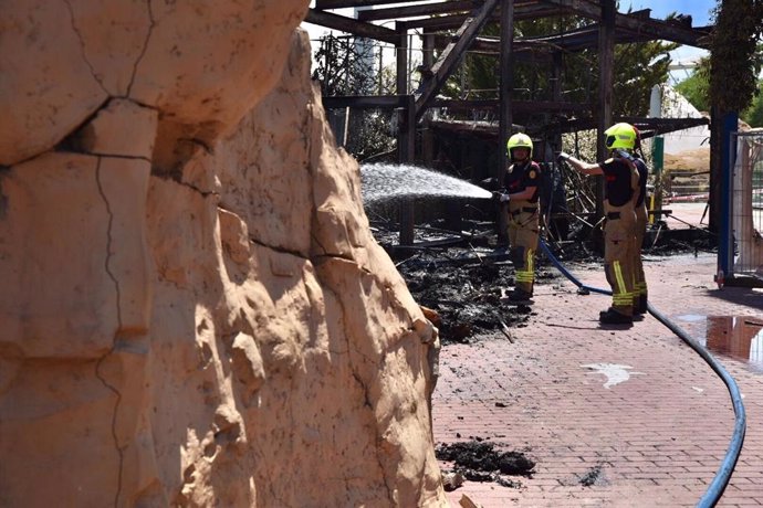 Bomberos trabajan en las labores de extinción del incendio en el Oceanogrfic de Valncia