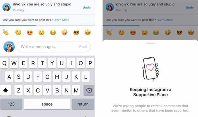 Ejemplo de una de las nuevas herramientas de Instagram para prevenir el 'bullying'