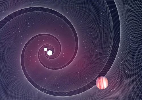 Representación artística de ondas gravitacionales por fusión de un binario de enanas blancas