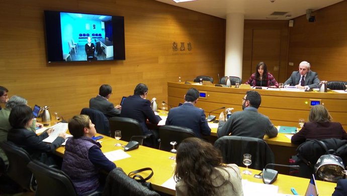 En la televisión de la izquierda, Álvaro Perez (el bigotes) durante su comparecencia sobre el caso Taula en las Cortes Valencianas por videoconferencia. 