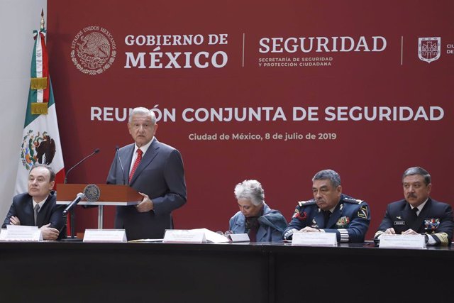 08 July 2019, Mexico, Mexico City: Mexican President Andres Manuel Lopez Obrador (C) speaks during a joint security meeting with secretaries of state and governors. Photo: -/El Universal via ZUMA Wire/dpa