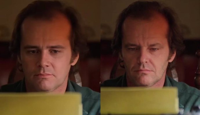 Imagen del 'deepfake' de El resplandor con Jim Carrey y fotograma de la película de Stanley Kubrick con Jack Nicholson