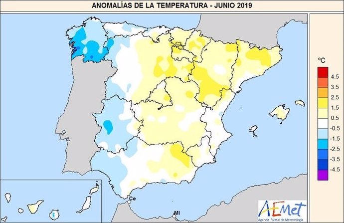 Gráfico de la Aemet sobre la evolución de las temperaturas en junio en España