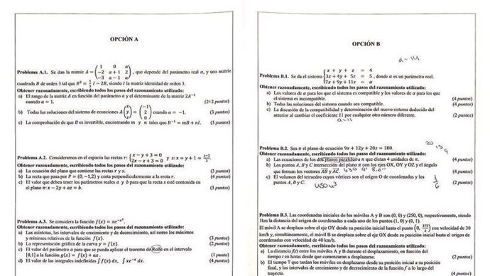 Examen de Matemáticas II de las pruebas de acceso a la universidad en la Comunitat Valenciana