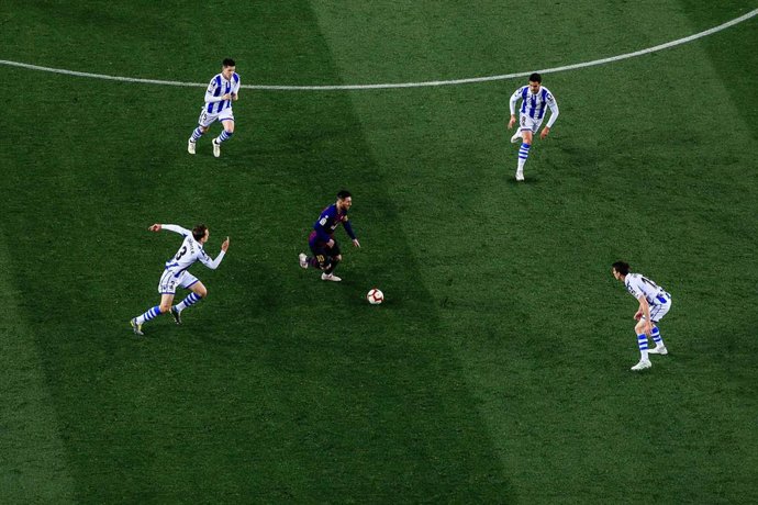 10 Leo Messi of FC Barcelona rounded of defenses during the La Liga match between FC Barcelona and Real Sociedad in Camp Nou Stadium in Barcelona 20 of April of 2019, Spain.