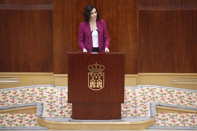 La candidata del PP a la presidencia de la Comunidad de Madrid, Isabel Díaz Ayuso, durante su intervención en el pleno de investidura del presidente de la Comunidad de Madrid.