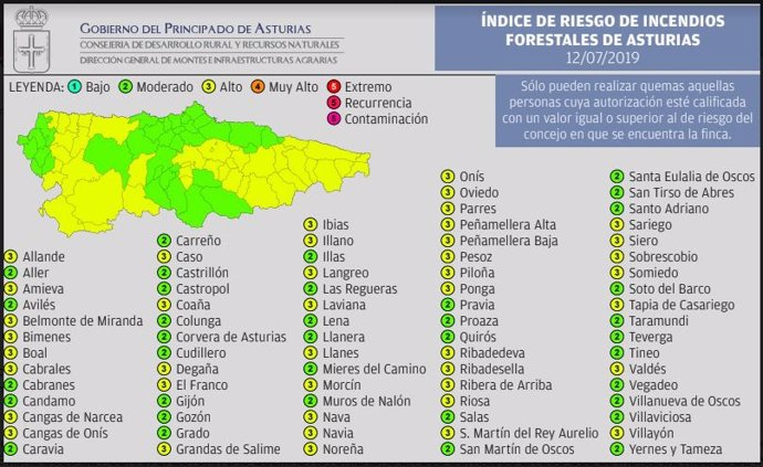 Mapa de índice de riesgos forestales.