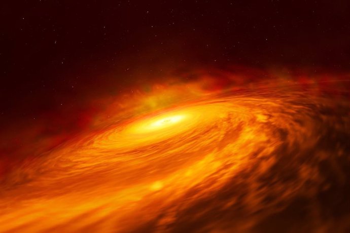 Impresión artística del peculiar y fino disco de material que rodea un agujero negro supermasivo en el corazón de la galaxia espiral 'NGC 3147', ubicada a 130 millones de años luz de distancia