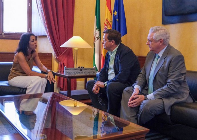 Gustavo de Medina (Presidente de ASET), Marta Bosquet (Presidenta del Parlamento) y Francisco Guerrero (Vicepresidente I de ASET) en la reunión.