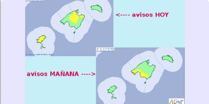 Mapa de avisos de la Aemet en Baleares.