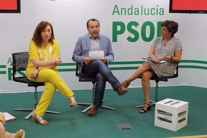 Soledad Pérez, José Luis Ruiz Espejo y Fuensanta Lima, en una rueda de prensa en la sede del PSOE de Málaga
