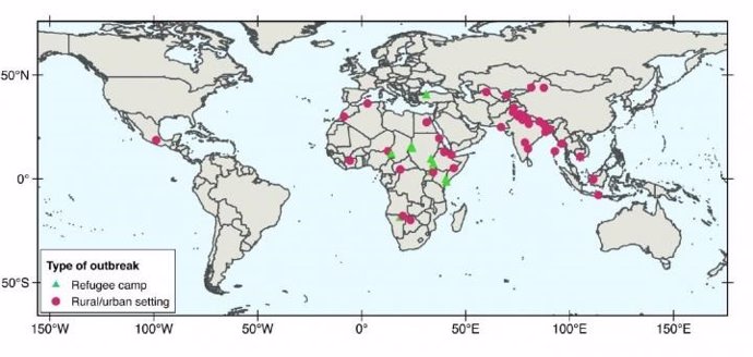 En este mapa, los investigadores compararon la ubicación de los campamentos de refugiados con los brotes de hepatitis E registrados hasta la fecha.
