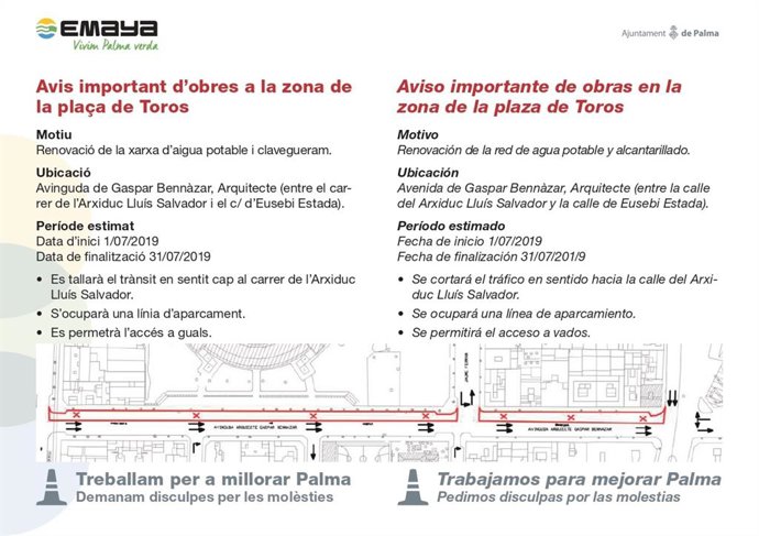 Imatge del cartell d'avís d'Emaya pel tancament de l'avinguda Gaspar Bennzar per obres de renovació de la xarxa d'aigua potable i clavagueram. 