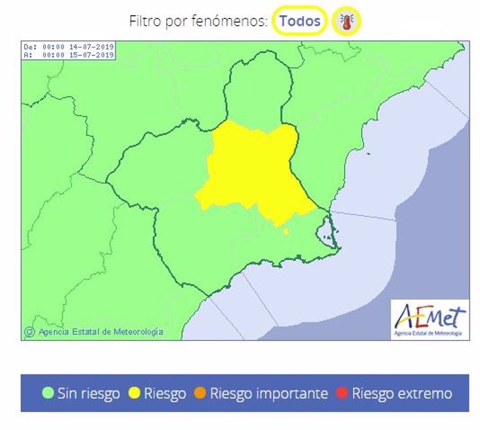 Mapa alerta amarilla por temperaturas en la Región el domingo
