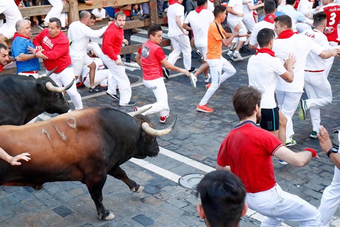 Decenas de personas corren en el sexto encierro de las fiestas de San Fermín con toros de la Ganadería Núñez del Cuvillo en Pamplona.