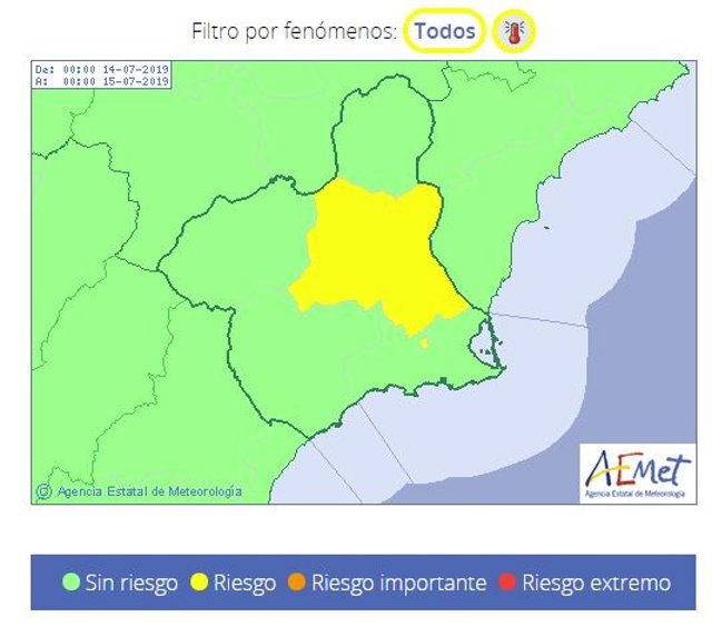 Mapa alerta amarilla por temperaturas en la Región el domingo