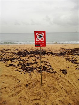 Cartell amb la prohibició del bany a la platja de Can Pere Antoni