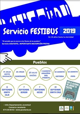 Cartel del Festibús, el servicio gratuito de autobús que lleva a los jóvenes a las fiestas de los pueblos de la Comarca de la Jacetania.