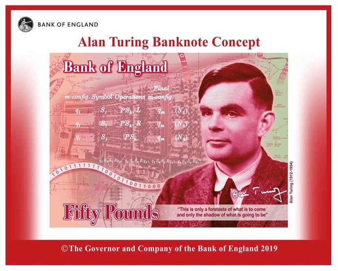 Concepto del nuevo billete de 50 libras con la imagen del matemático Alan Turing que entrará en circulación en 2021