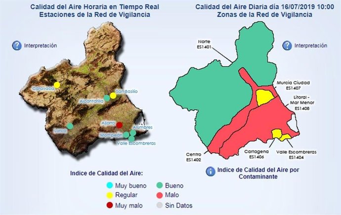 Mapa de calidad del aire en la Región de Murcia