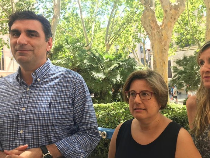 El regidor del Partido Popular (PP) en el Ayuntamiento de Palma, Julio Martínez, y la portavoz del PP en Palma, Mercedes Celeste, en declaraciones a los medios