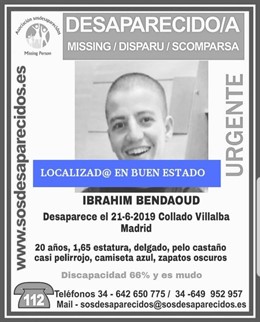 Imagen del aviso desactivado de la asociación SOS Desaparecidos al localizarse a un joven de 20 años mudo de Collado Villalba en buen estado.