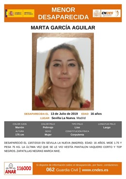 Marta García Aguilar, una menor de 16 años en paradero desconocido desde el 13 de julio en Sevilla La Nueva (Madrid)