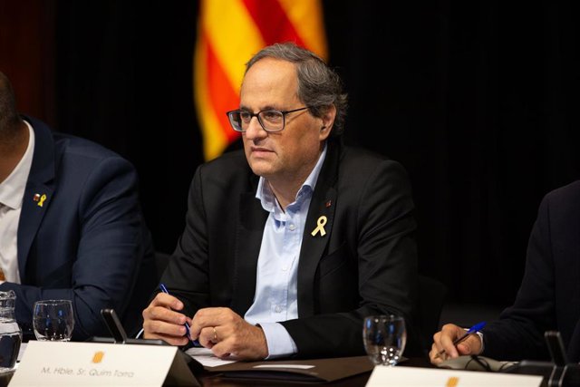 El presidente de la Generalitat de Catalunya, Quim Torra, durante la constitución del plenario para el Pacto Nacional por la Movilidad Segura y Sostenible.