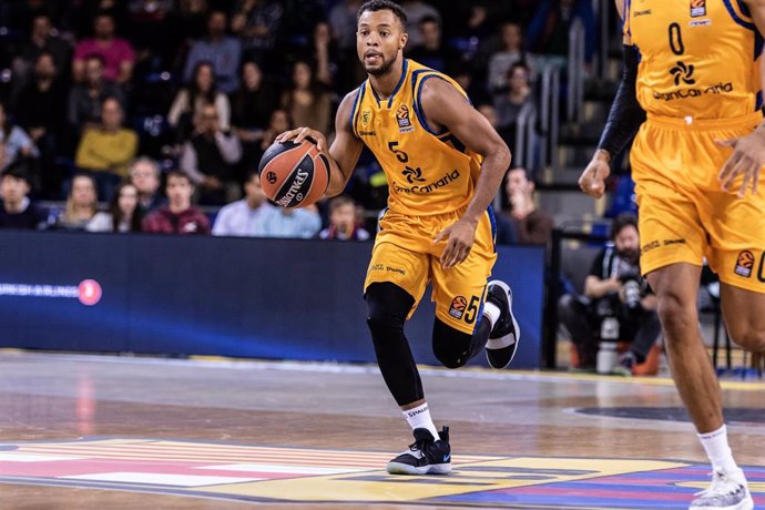 Clevin Hannah, #5 of of Herbalife Gran Canaria during the EuroLeague Basketball, match between FC Barcelona Lassa and Herbalife Gran Canaria at Palau Blaugrana, in Barcelona, Spain. March 19, 2019.