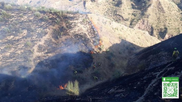 Efectivos del Infoca luchan contra las llamas en el cerro de Granada afectado por el incendio