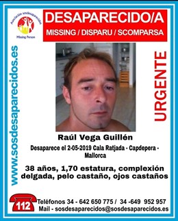 Cartell de Sos Desaparecidos de l'home de 38 anys de Capdepera