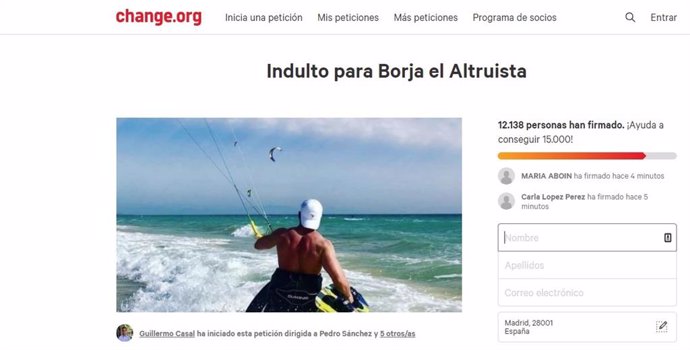 Imagen de la petición de indulto en la web Change.Org para Borja, condenado a dos años de prisión por homicidio por imprudencia grave
