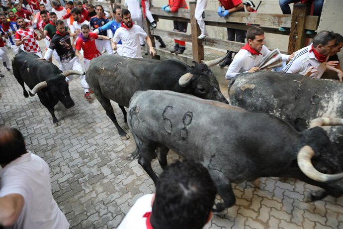 Cientos de personas corren en el último encierro de los Sanfermines 2019 en Pamplona (Navarra).