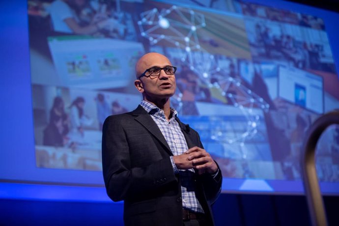 30 May 2019, Italy, Milan: Satya Nadella, CEOof Microsoft speaks during the Microsoft Innovation Summit 2019 at Bocconi University. Photo: Claudio Furlan/LaPresse via ZUMA Press/dpa