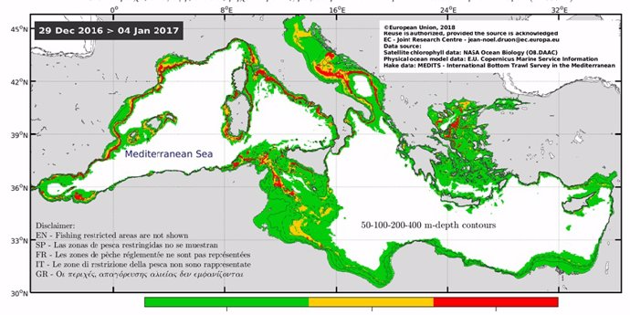 Monitoraje internacional sobre el arrastre de fondo en la Mediterránea realizado por satélites del proyecto Copernicus.