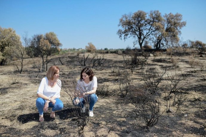 La candidata del PP a la Presidencia de la Comunidad de Madrid, Isabel Díaz Ayuso, visita la localidad de Cadalso de los Vidrios que sufrió recientemente un incendio forestal.