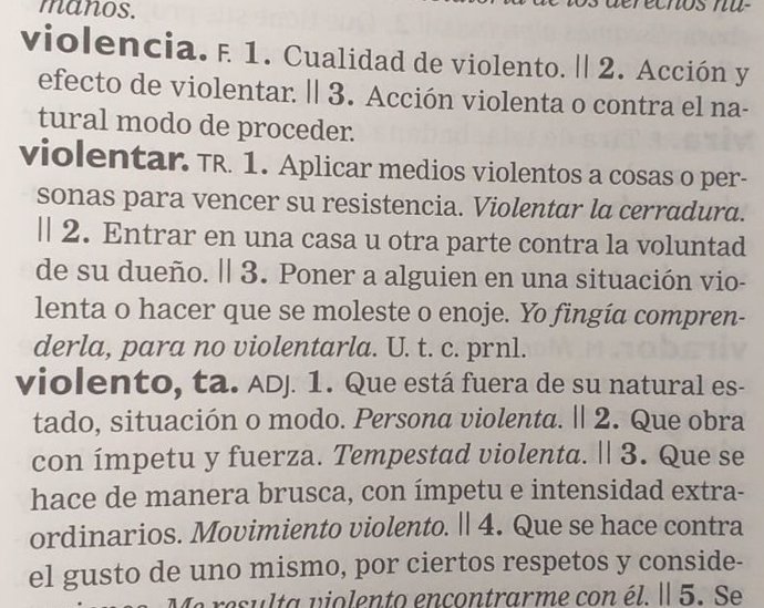 Diccionario de la Lengua Española (DLE) con la entrada del término 'violencia'