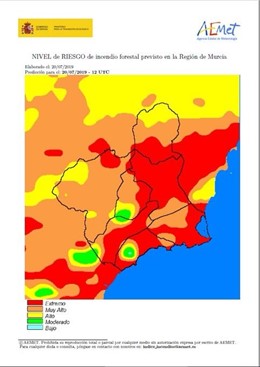 Imagen del mapa de la Región con el reparto de riesgo de incendio forestal
