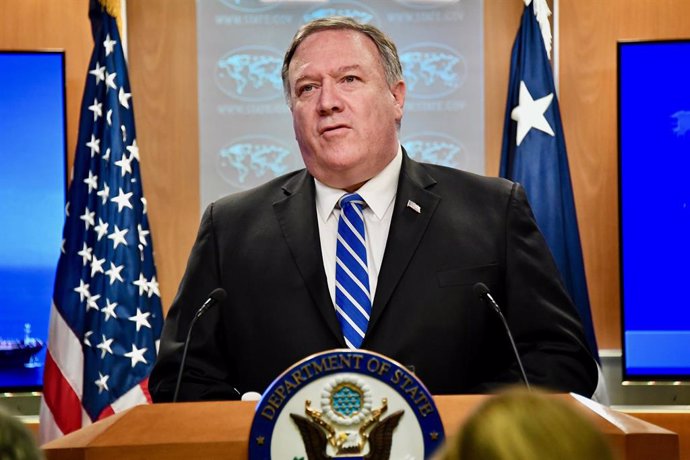 HANDOUT - 13 June 2019, US, Washington: US Secretary of State Mike Pompeo speaks during a press conference on two tankers which attacked in Gulf of Oman earlier in the day, at the US Department of State. Photo: Michael Gross/Us Department of State/dpa -