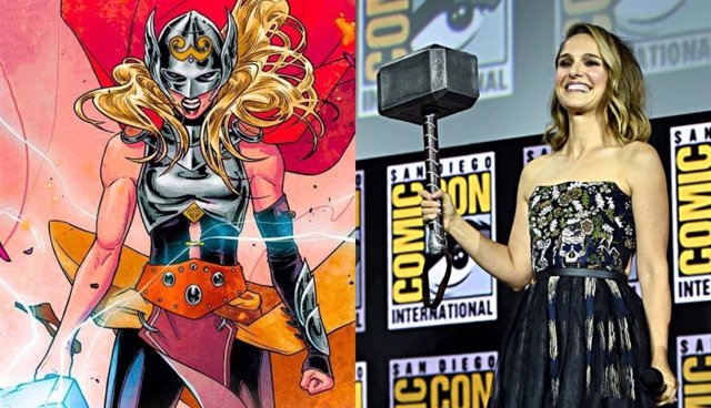 Imagen de Jane Foster en la serie The Mighty Thor de Jason Aaron junto a una fotografía de Natalie Portman durante la pasada Comic-Con