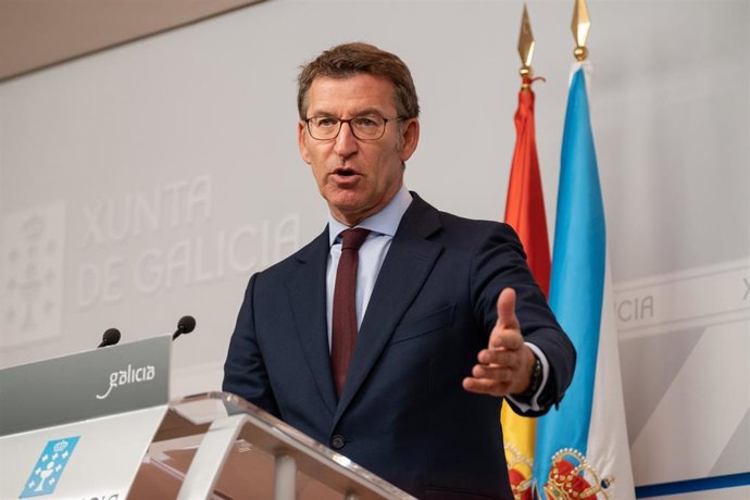 El presidente de la Xunta, Alberto Núñez Feijóo, en la rueda de prensa del Consello.