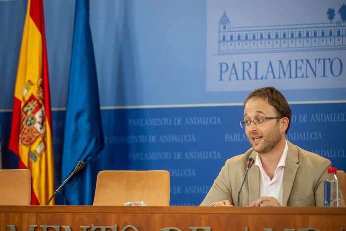 El portavoz de Empleo, Formación y Trabajo Autónomo del Grupo Parlamentario Popular Andaluz, Erik Domínguez, en rueda de prensa