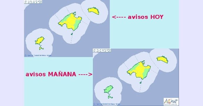 Imagen de las zonas con alerta amarilla activada por altas temperaturas este viernes en Baleares.