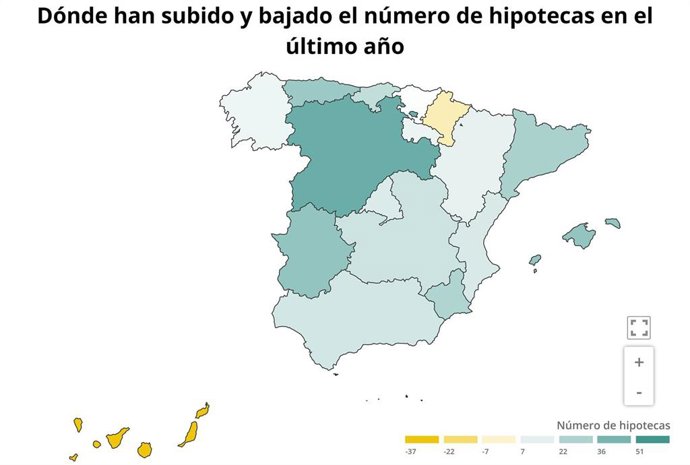 Mapa de la variación anual de la firma de hipotecas, mayo 2019